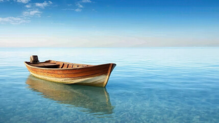 Naklejka premium Solitude on the Calm Sea: A weathered wooden rowboat rests serenely on the crystal-clear turquoise water, its reflection mirroring the tranquil sky. The scene evokes a sense of peace and serenity. 
