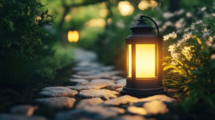 Illuminated lantern on garden path at dusk.