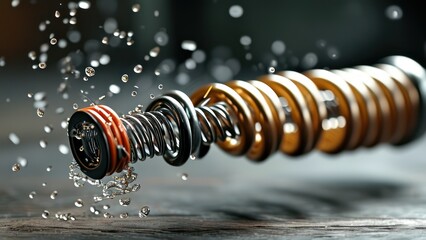 Dynamic close up of a metal spring with water droplets emphasizing movement, tension, and industrial design, ideal for technology and engineering themes