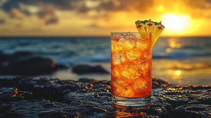 Sunset Beach Cocktail: A refreshing cocktail garnished with pineapple sits on a rocky beach, silhouetted against a vibrant sunset. The perfect image for summer vacation, travel, or relaxation themes.