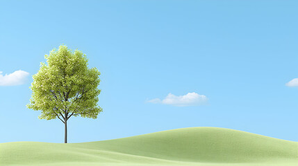 Obraz premium Single tree on green hill, blue sky background; nature scene