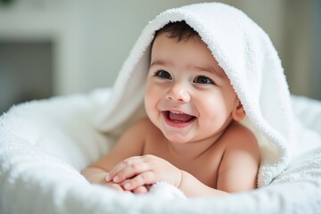 A Joyful Baby Smiling Under a Soft White Towel in a Cozy Setting: Capturing Innocence and Happiness in a Warm, Loving Environment