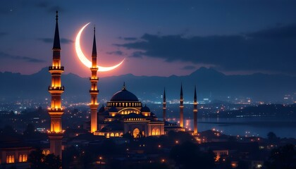 Obraz premium Majestic Mosque Night Scene with Crescent Moon