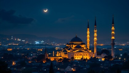 Obraz premium Night View of Illuminated Mosque Under Crescent Moon