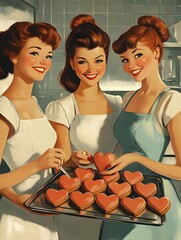 Three Smiling Housewives Baking Heart Shaped Cookies on a Tray in a Retro Kitchen Setting