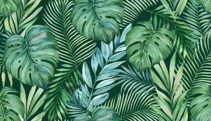 Vibrant Watercolor Jungle Pattern with Majestic Monstera Leaves, Palm Trees, and Exotic Tropical Plants, Perfect for Interior Design or Artwork