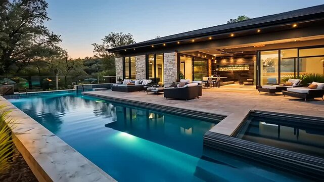 Elegant modern home with pool at sunset, showcasing outdoor living and serene surroundings
