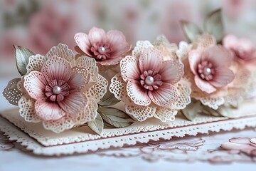Delicate Lace Floral Arrangement on Vintage Textile Background