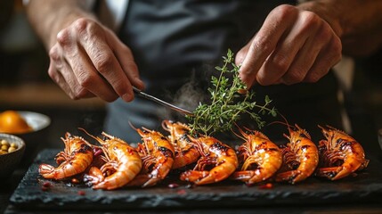 Chef Preparing Grilled Shrimp with Thyme on Dark Slate Plate