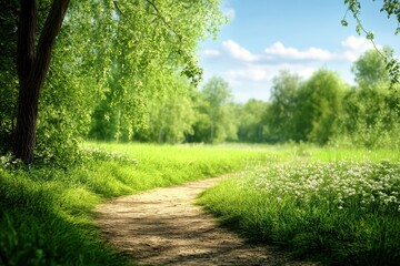 Obraz premium Sunny path through lush green forest meadow
