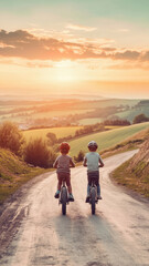 Obraz premium Children cycling together on country road during sunset, enjoying nature and adventure. warm colors of sky create joyful atmosphere
