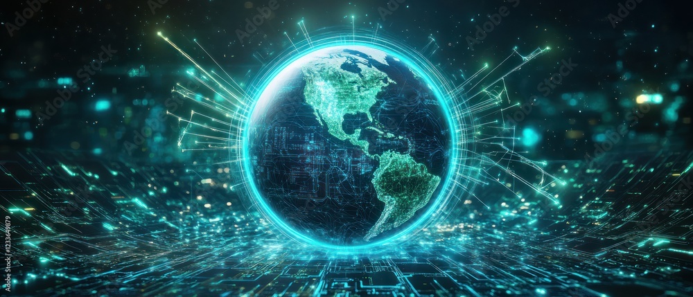 Aufkleber futuristic digital globe with data streams and technology backdrop