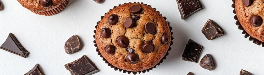 A chocolate chip muffin surrounded by cocoa beans and chocolate chunks, artisanal aesthetic, isolated on white background