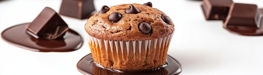 A chocolate chip muffin surrounded by melted chocolate pools, rich and indulgent, isolated on white background