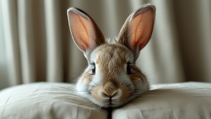 Obraz premium Rabbit resting on pillows with soft, neutral background creating a cozy and tranquil atmosphere, showcasing warmth and companionship