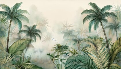 Vibrant Tropical Paradise A Lush Canopy of Palm Trees and Exotic Plants, Perfect for Textured Background Wallpaper or Banner.