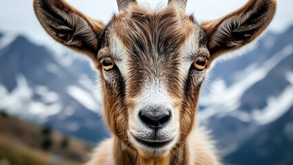 Obraz premium Cute goat portrait with mountains in background Represents nature, wildlife, and domestic farm life Ideal for animal related projects
