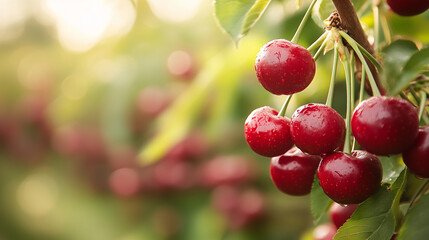 Obraz premium Fresh red cherries on tree branch in sunlight.