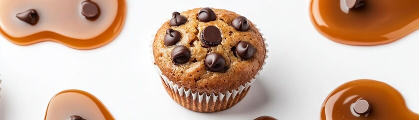 A chocolate chip muffin surrounded by melted chocolate pools, rich and indulgent, isolated on white background