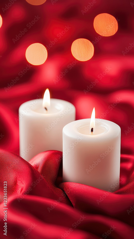 Poster romantic candlelight casting soft shadows on red satin background creates warm and inviting atmosphe