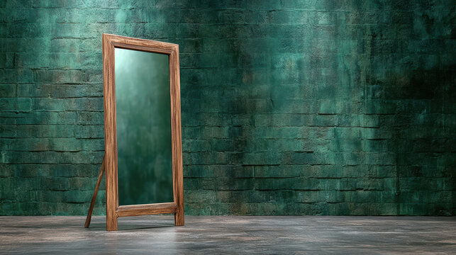 wooden mirror stands against textured green wall, reflecting its surroundings
