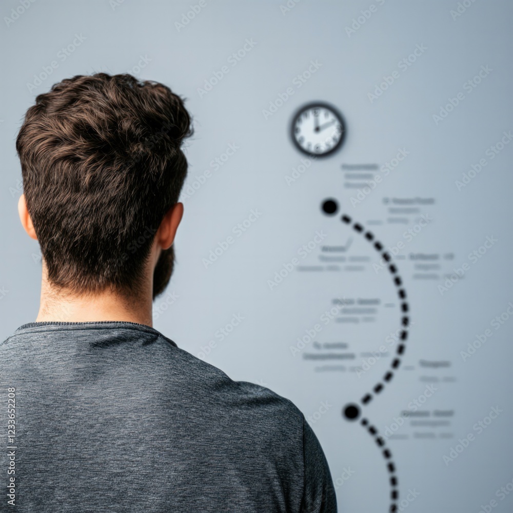 Poster man observing a clock and progress timeline on a wall in a business environment
