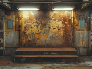 Obraz premium Rust Covered Podium Under Flickering Lights in Forgotten Subway Station