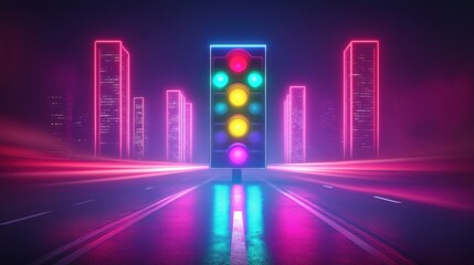 Neon traffic light on futuristic highway.
