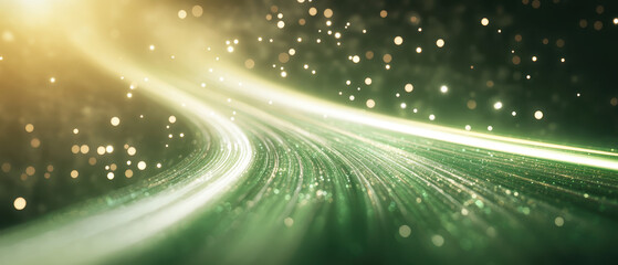 Glowing green light trails with sparkling particles create sci fi atmosphere, evoking sense of wonder and motion