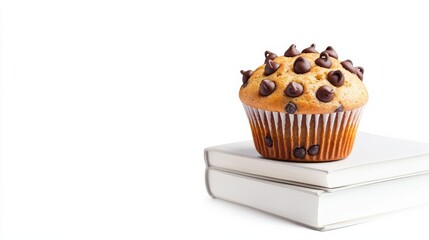 A chocolate chip muffin cartoon sitting on a stack of books, cozy and imaginative, isolated on white background