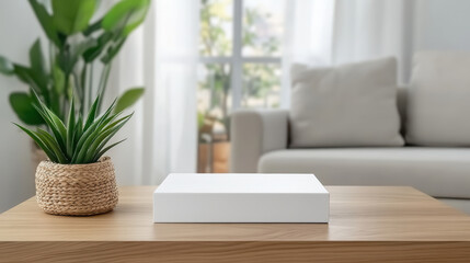 Naklejka premium minimalistic scene featuring white box on wooden table, surrounded by greenery and cozy sofa