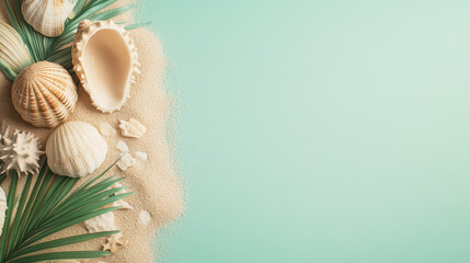 Naklejka premium Seashell Summer Dreams: An enchanting seashell collection on a sandy shore against a calming turquoise background evokes feelings of tranquility and summer escape.
