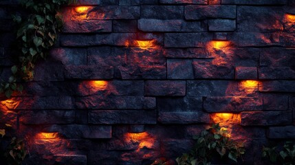 Dark Stone Wall with Warm Lights  Night Scene  Grunge Texture   Ivy  Exterior