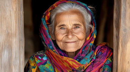 Fototapeta premium elderly woman wearing colorful traditional attire, smiling warmly