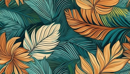 Stunning Tropical Seamless Linear Pattern featuring Lush Palm Leaves, Invoking a Vibrant and Exotic Atmosphere Perfect for Digital Art, Home Decor, or Design Inspiration.