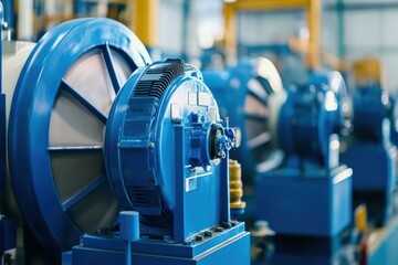 Industrial machinery display in a modern factory showcasing detailed blue electric motors with intricate components arranged in a production line environment
