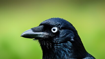 Fototapeta premium Close up of a raven showcasing detailed feathers and striking eye against a blurred green background, representing nature's beauty and wildlife
