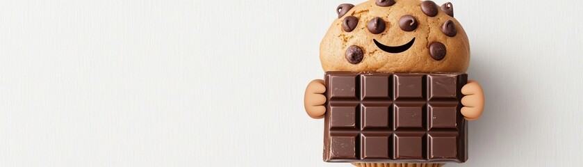 Fototapeta premium A chocolate chip muffin cartoon character holding a spoon, cute and animated style, isolated on white background