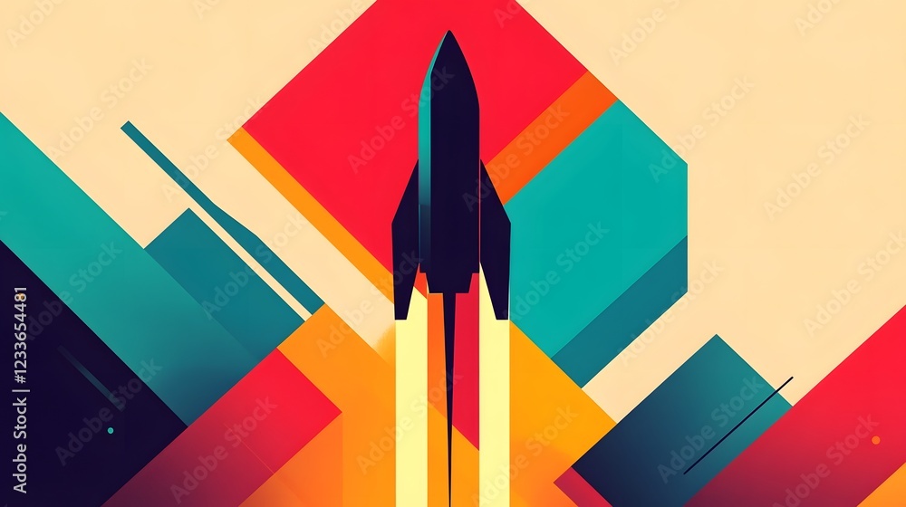 Poster soaring digital rocket symbolizes innovative startup launch and progress
