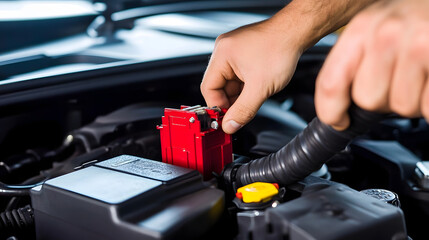 Checking and maintaining the battery in a car, performing a self-maintenance task for vehicle upkeep.
