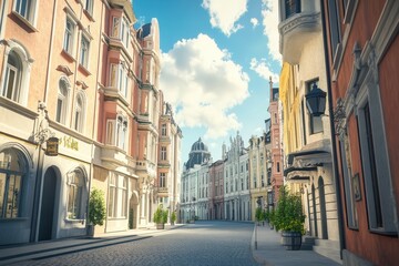 Sunny cobblestone street, European city, architecture, tourism, travel, background buildings, summer