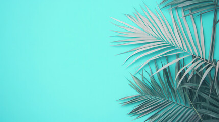 Obraz premium Tropical Serenity: A vibrant turquoise backdrop is enhanced with lush green palm fronds arranged for a natural and tropical aesthetic. This vibrant scene offers a modern, fresh and minimalistic feel.