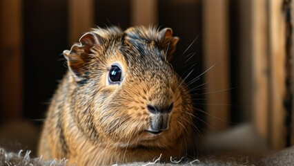 Close up of a curious guinea pig with soft fur looking inquisitive  Ideal for pet care, animal companionship, or domestic animal themes