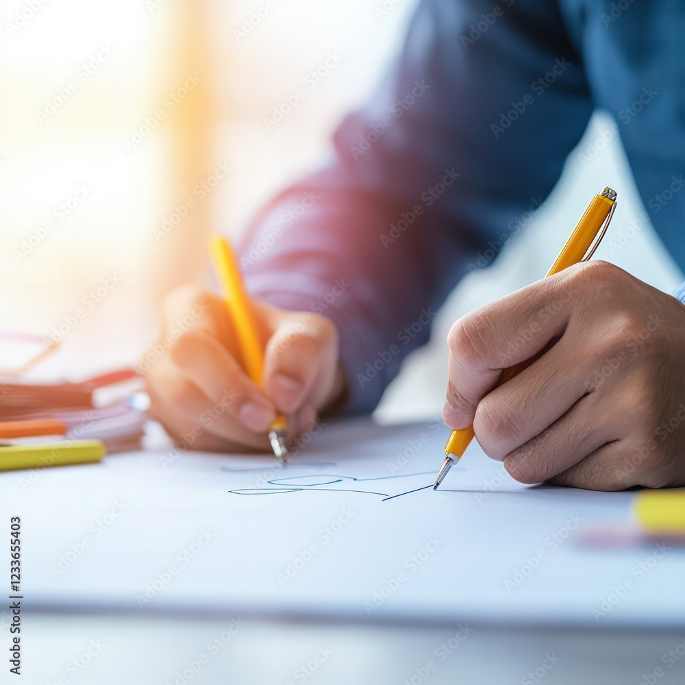 Poster person using two pencils to create artistic designs in a bright workspace setting