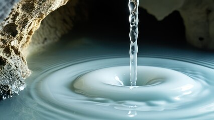 Water flows smoothly from a rocky cave, creating ripples in a tranquil setting  Ideal for concepts related to nature, serenity, and environmental themes