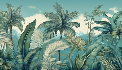 Vibrant Tropical Vintage Botanical Landscape A Seamless Blue Backdrop Filled with Majestic Palm Banana Trees, Blooming Florals, and a Sunlit Exotic Scene Perfect for Digital Art, Home Decor, or