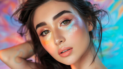 Portrait of a Beautiful Young Woman with Artistic Makeup and Colorful Background