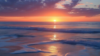 Fototapeta premium Vibrant sunset over tranquil ocean, waves lapping at serene beach, colorful clouds reflecting in water creating a peaceful atmosphere
