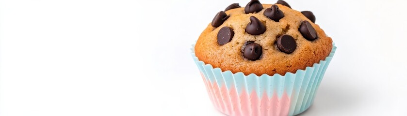 A chocolate chip muffin in pastel-colored cupcake liner, soft and delicate, isolated on white background