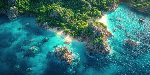 Obraz premium Secluded Tropical Paradise: An Aerial View of a Pristine Island Cove